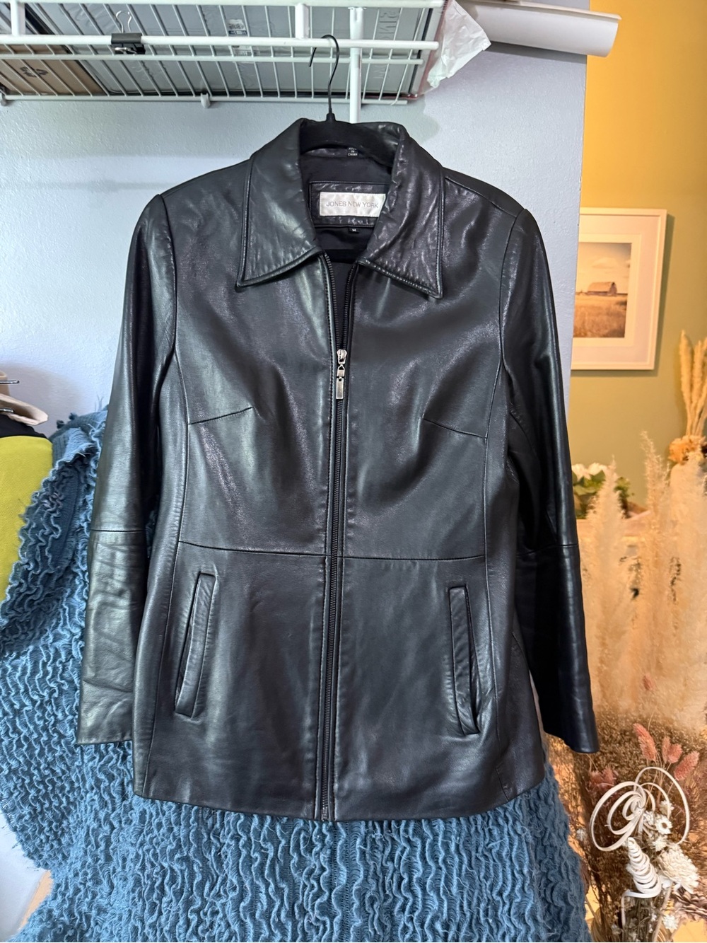 Jones New York Black Leather Zip-Front Jacket